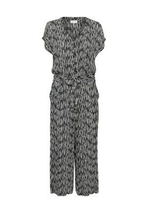 Black and white patterned jumpsuit with short sleeves, a V-neck, and a belted waist. The fabric features vertical stripes and a relaxed fit.