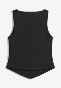 Haut sans manches noir avec un col rond, ourlet se rétrécissant à l'arrière, fabriqué dans un matériau lisse et extensible sans coutures visibles.