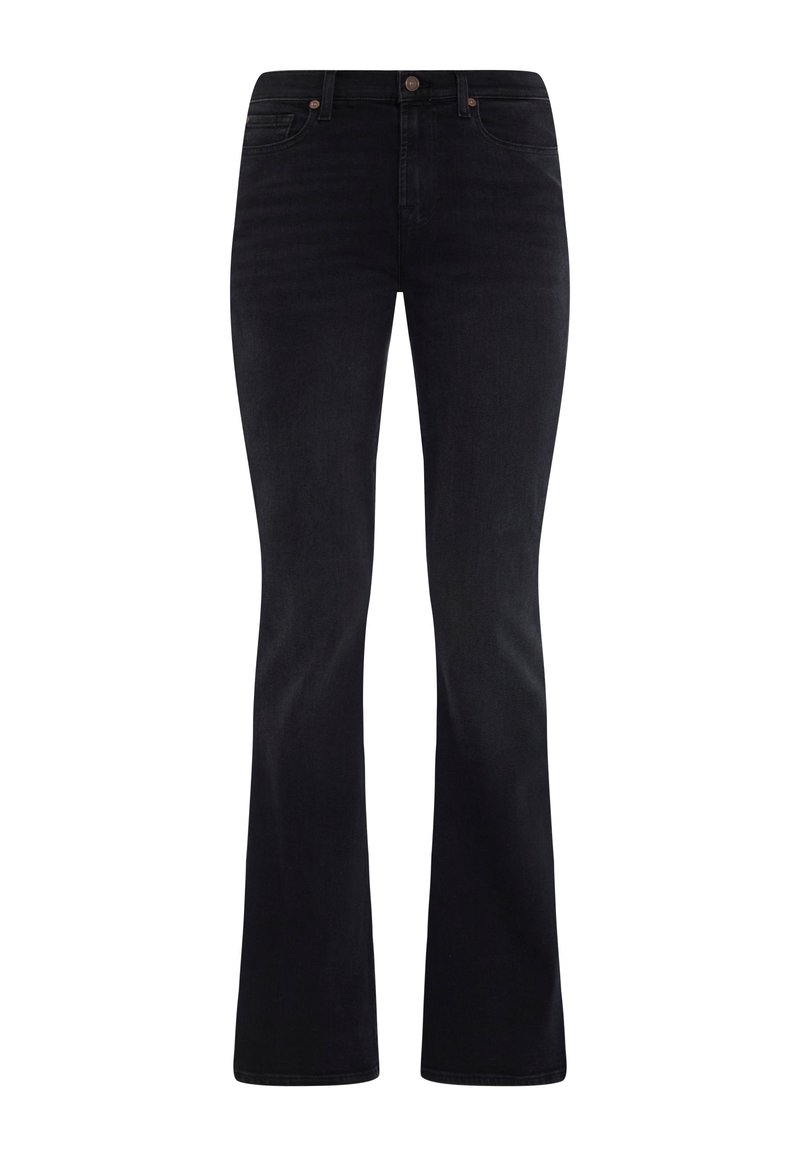 Schwarze Schlagjeans aus Denim, mit mittelhohem Bund, Fünf-Taschen-Design und bronzefarbenen Knopfdetails. Glatte Textur und klare Linien.