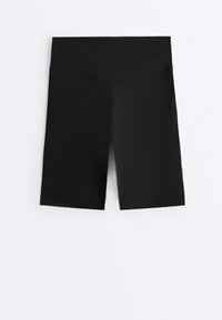 Shorts noirs ajustés à taille haute, longueur au genou, avec une large ceinture, présentés à plat sur un fond blanc.