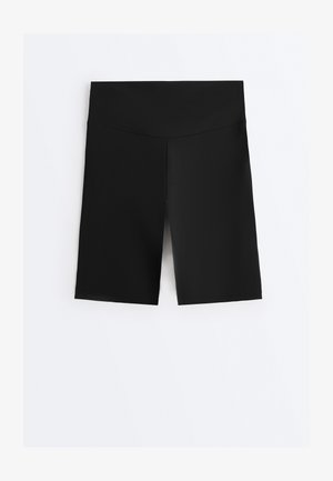 Black high-waist knee-length fitted shorts with a wide waistband, displayed flat on a white background.