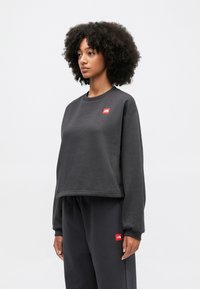 Γκρι κοντό sweatshirt φτιαγμένο από μαλακό ύφασμα, με μακρύ μανίκι, στρογγυλή λαιμόκοψη και ένα μικρό κόκκινο λογότυπο στη θήκη του στήθους.