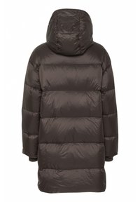 Dark brown puffer jacket with a hood, featuring a quilted design and elastic cuffs. Smooth, shiny texture with a mid-length cut.
