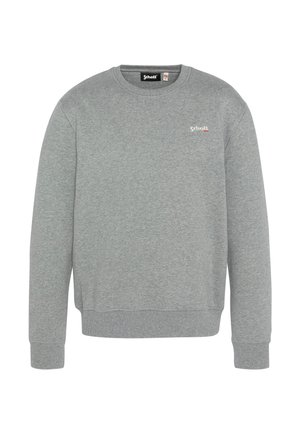 Grauer Pullover aus weichem Stoff, mit Rundhalsausschnitt, gerippten Bündchen und einem kleinen Logo auf der Brust. Einfaches Design ohne Muster.