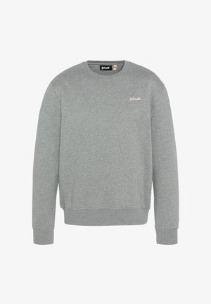 Felpa grigia realizzata in tessuto morbido, con colletto a girocollo, polsini a costine e un piccolo logo sul petto. Design semplice senza fantasie.