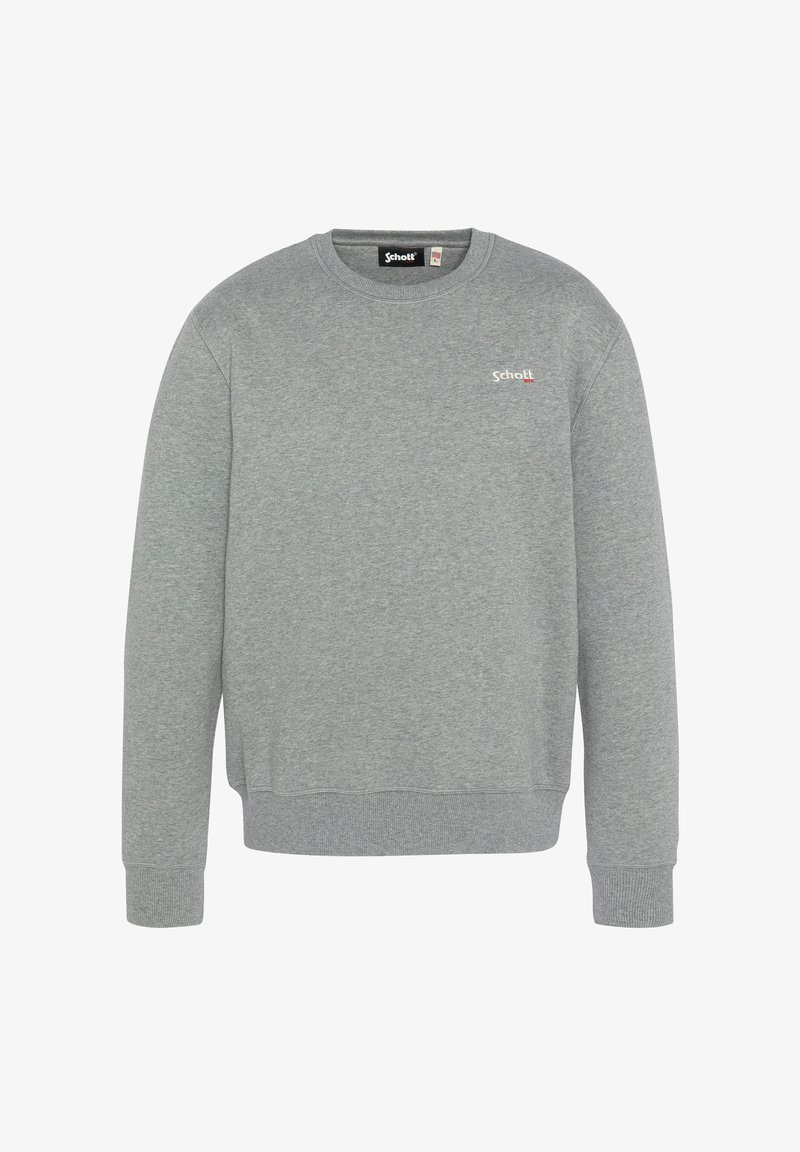 Sweatshirt gris en tissu doux, avec un col rond, des poignets côtelés et un petit logo sur la poitrine. Design simple sans motifs.