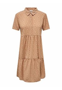 Robe brune à pois avec des manches courtes, un col et un design à volants. Fabriquée en tissu doux avec une finition texturée.