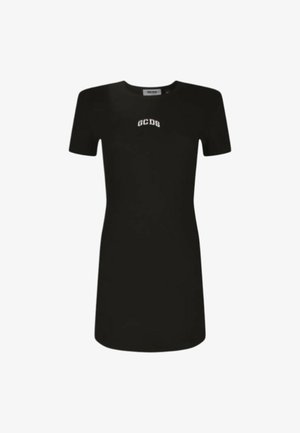 Abito aderente nero a maniche corte con scollo rotondo e testo logo bianco "GCDS" sul petto.