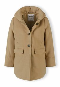 Manteau en mélange de laine beige avec un large col, deux poches avant et trois boutons. Présente une forme structurée et une texture lisse.