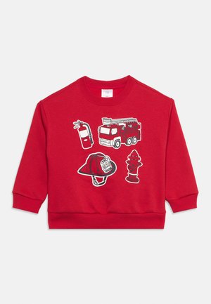 Felpa per bambini a maniche lunghe rossa con grafiche sulla sicurezza antincendio: estintore, camion dei vigili del fuoco, casco da pompiere e idrante.