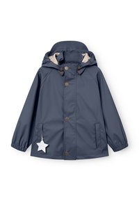 Marineblaue wasserdichte Jacke mit Kapuze, beigem Futter, goldenen Knöpfen, elastischen Bündchen und einem sternförmigen Anhänger an der Tasche.