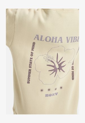 Beige sweatshirt with ribbed neckline. Features purple floral graphics and text including "ALOHA VIBES" and "SUMMER STATE OF MIND."