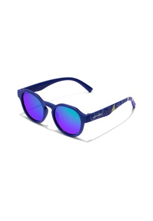 Lunettes de soleil bleues avec des montures rondes, des verres violets dégradés et des branches bleues à motifs. Fabriquées en plastique, présentant une finition mate.