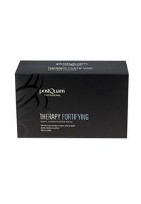 Caja rectangular negra del tratamiento capilar postQuam Professional Therapy Fortifying con placenta vegetal, vitaminas y proteínas para la nutrición del cabello.