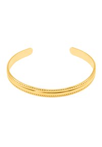Gullfarget mansjettarmbånd med en glatt overflate, som har to parallelle bånd og prikkede detaljer langs kantene. Elegante og minimalistisk design.
