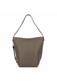 Borsa a secchiello in pelle marrone con una morbida texture a granuli, tracolla regolabile e design minimalista. Presenta un logo discreto sulla parte anteriore.
