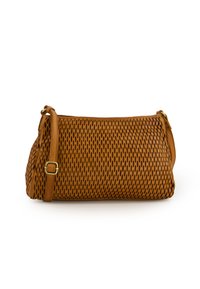 Brown, perforated faux leather crossbody bag with a short strap and buckle detail, featuring a rectangular shape and smooth texture.