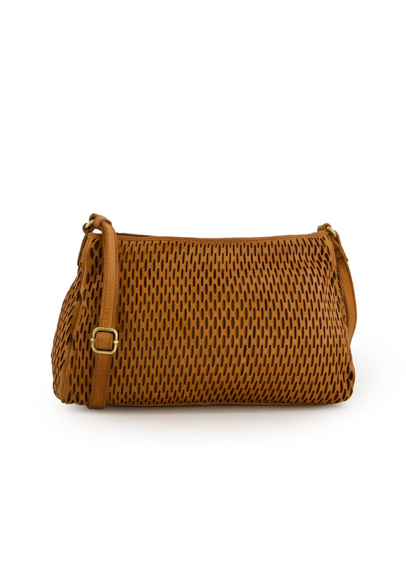 Brown, perforated faux leather crossbody bag with a short strap and buckle detail, featuring a rectangular shape and smooth texture.