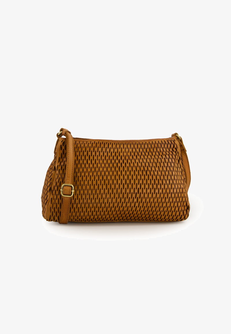 Brown, perforated faux leather crossbody bag with a short strap and buckle detail, featuring a rectangular shape and smooth texture.
