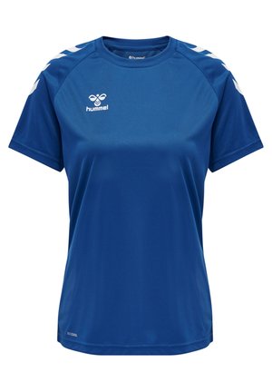 T-shirt de sport bleu en tissu lisse, avec un col rond et des accents blancs sur les épaules, portant le logo "hummel" sur la poitrine.