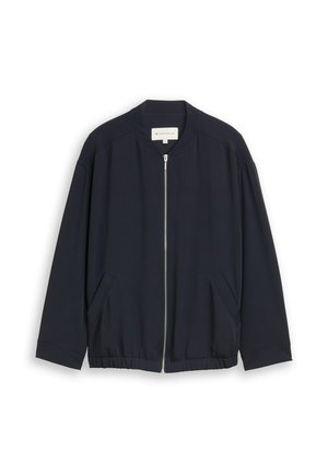 Marineblauer Bomberjacke mit rundem Ausschnitt, Reißverschluss vorne und zwei Seitentaschen. Hergestellt aus glattem Material mit leicht strukturiertem Finish.