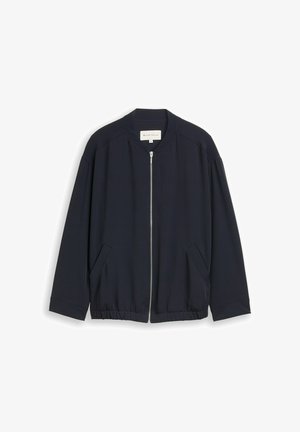 Navy bomber jacket with a round neckline, zip front, and two side pockets. Made of smooth fabric with a slightly textured finish.