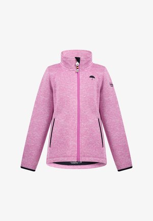 Rožinė fliso striukė su aukštu apykakle, priekiniais užtrauktukais ir dviem šoninėmis kišenėmis. Turtingas juodų akcentų ir mažas skėčio logotipas ant krūtinės.