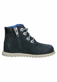 Bottine enfant bleu marine avec lacets gris, fermeture éclair latérale, col noir et semelle en caoutchouc beige.