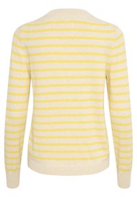 Pull à manches longues beige à rayures horizontales jaunes, vu de dos, avec un col rond et des poignets côtelés.