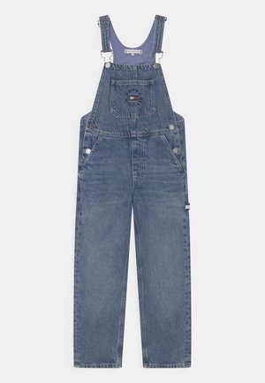 Blå denim overall med justerbare skulderstropper, en forreste brystlomme med et lille rektangulært logo og sidelommer.
