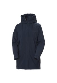 Chaqueta impermeable de color azul marino con capucha, cuenta con cierre frontal de cremallera, bolsillos laterales y puños elásticos. Textura suave con un ajuste relajado.