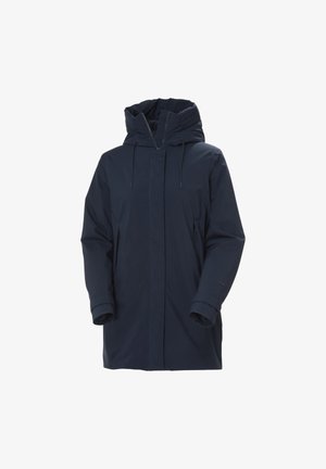 Navy blue waterproof jacket with a hood, features a zip front, side pockets, and elastic cuffs. Smooth texture with a relaxed fit.