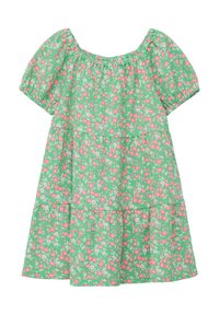 Robe verte avec des manches bouffantes courtes. Présente un motif floral rose et blanc, un design en étages et un col élastique pour un ajustement flexible.