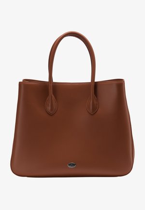 Bruine leren handtas met twee ronde handvaten en een kleine ovale zilveren logoplaat aan de onderkant in het midden.