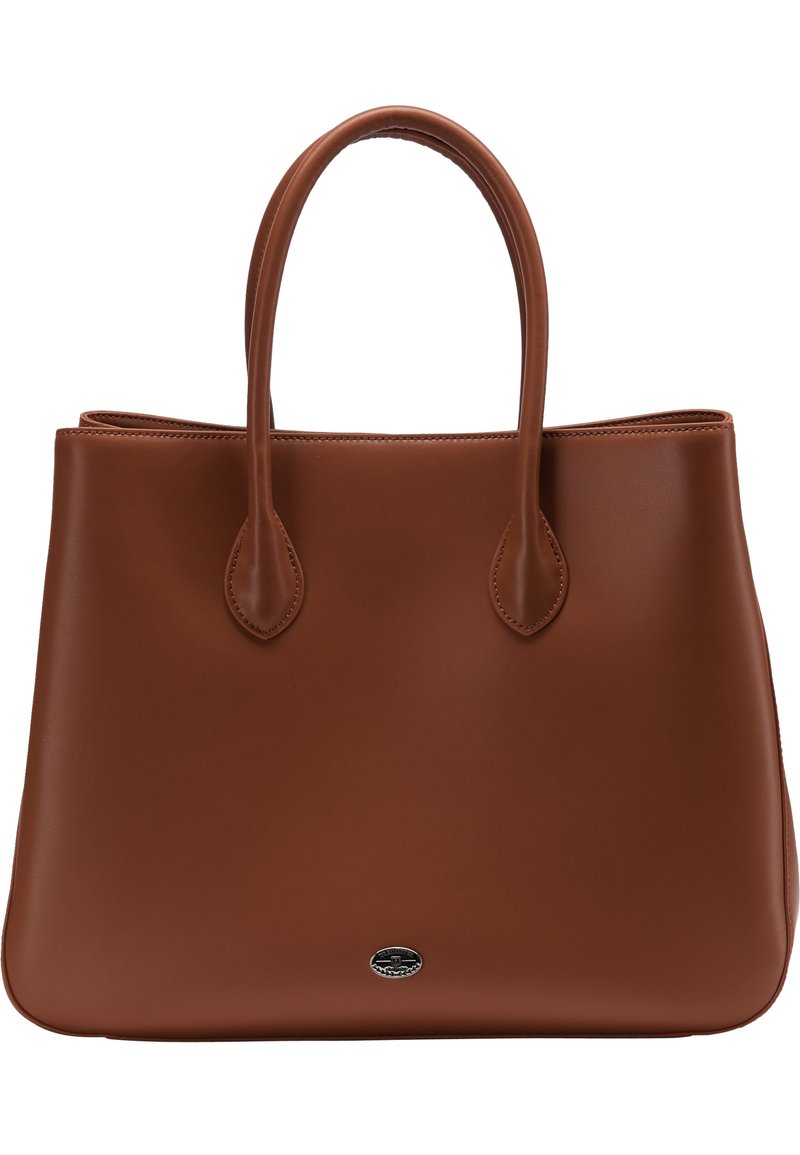 Brązowa skórzana torebka z dwoma okrągłymi uchwytami i małą owalną plakietką z logo w kolorze srebrnym umieszczoną na dole w centrum.