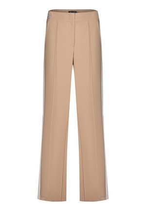 Beige broek met brede pijpen en een gladde textuur, voorzien van een platte voorkant, gestikte vouwen en een elastische tailleband. Afgewerkt met een logodetail.