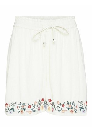 Witte shorts met een elastische tailleband en trekkoord. Kenmerkt zich door meerkleurige bloemenborduursels langs de zoom. Zachte stof met een relaxte pasvorm.