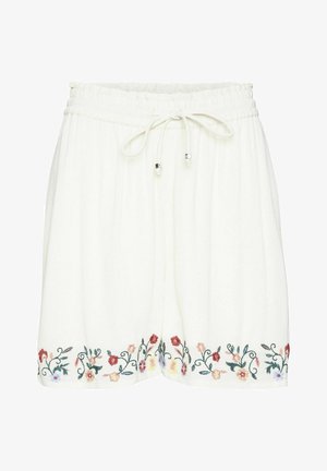 Pantaloni corti bianchi con vita elastica e coulisse. Presentano ricami floreali multicolori lungo l'orlo. Tessuto morbido con vestibilità comoda.