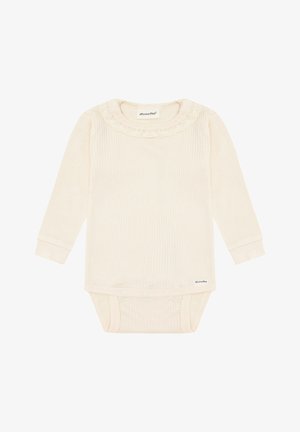 Babypakje met lange mouwen van zacht crème geribd stof, met een halslijn afgewerkt met kant, drukknoopsluiting aan de onderkant en omgeslagen mouwen.