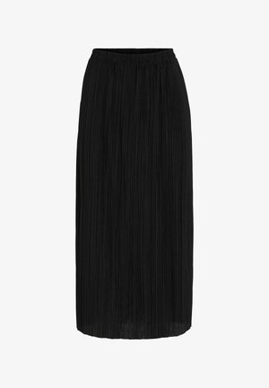 Jupe midi plissée noire avec une taille élastique. Présente des plis verticaux et une texture fluide, conçue pour le confort et la polyvalence.