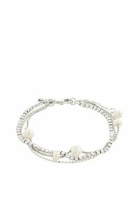 Pulsera de plata con hebras entrelazadas de rhinestones claros y perlas blancas. Cierre de langosta, textura suave y diseño elegante.