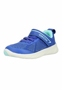 Blue children's sneaker with mesh upper, hook-and-loop strap labeled "GEOX," and white sole with light blue accents.