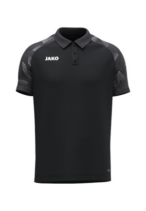 Polo noir à manches courtes avec épaules gris foncé à motifs et logo blanc "JAKO" sur la poitrine droite.