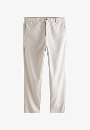 Világos bézs pamut-chambray nadrág oldalsó zsebekkel, cipzárral és egyetlen gombbal a deréknál. Sima textúra és egyenes szárú kialakítás.