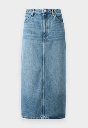 Denim midi krilo v svetlo modri barvi. A-linijskega kroja z sprednjo režo, zasnovo s petimi žepi, zaponko na gumb in vidnim šivanjem. Gladka tekstura.