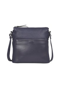 Navyblaues Leder-Crossbody-Bag mit pebbled Textur, flacher Fronttasche, verstellbarem Riemen und silberner Hardware. Reißverschlussverschluss an der Oberseite.