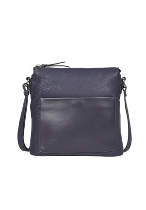 Navyblaues Leder-Crossbody-Bag mit pebbled Textur, flacher Fronttasche, verstellbarem Riemen und silberner Hardware. Reißverschlussverschluss an der Oberseite.