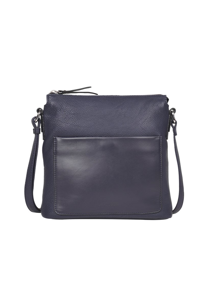 Navyblaues Leder-Crossbody-Bag mit pebbled Textur, flacher Fronttasche, verstellbarem Riemen und silberner Hardware. Reißverschlussverschluss an der Oberseite.