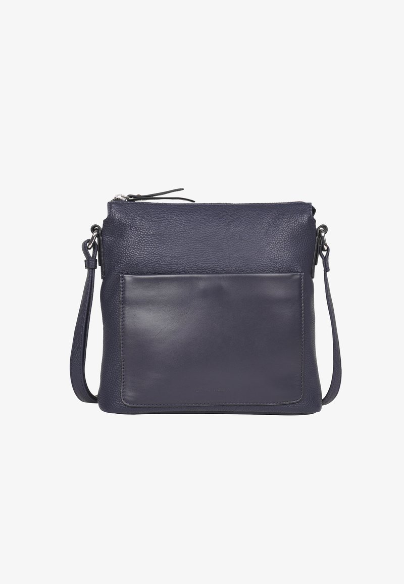 Navyblaues Leder-Crossbody-Bag mit pebbled Textur, flacher Fronttasche, verstellbarem Riemen und silberner Hardware. Reißverschlussverschluss an der Oberseite.