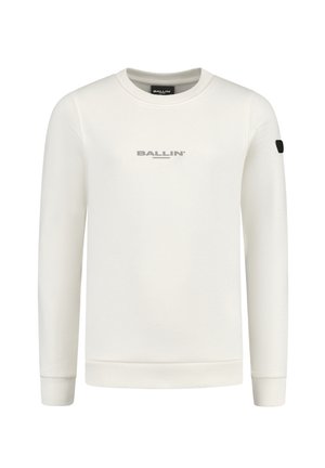 Witte sweatshirt van zacht materiaal, met een ronde hals, ribgebreide manchetten en zoom, en een grijze "BALLIN'" logo op de borst.